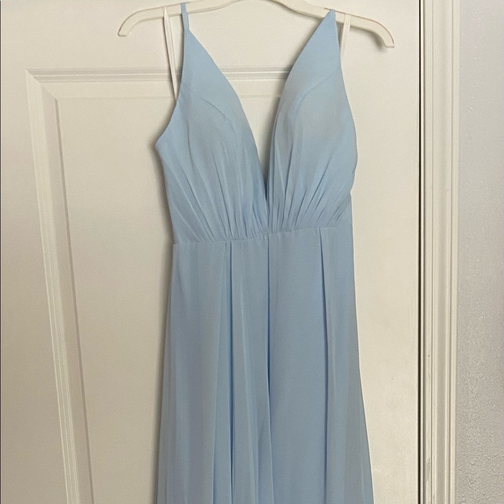 A-line V-Neck Court Train Sky Blue Rustic Dress with Split